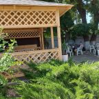 Беседка, можжевельники, жасмин, японская роза.