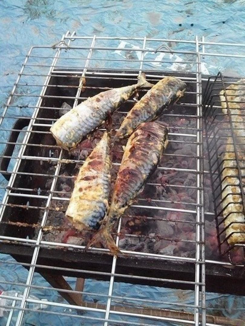 Рыба на костре на решетке