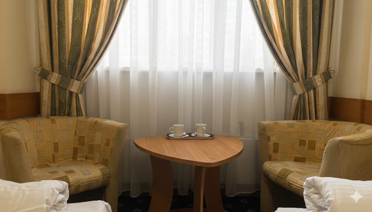 Интерьер номера с мягкими креслами и видом на город.