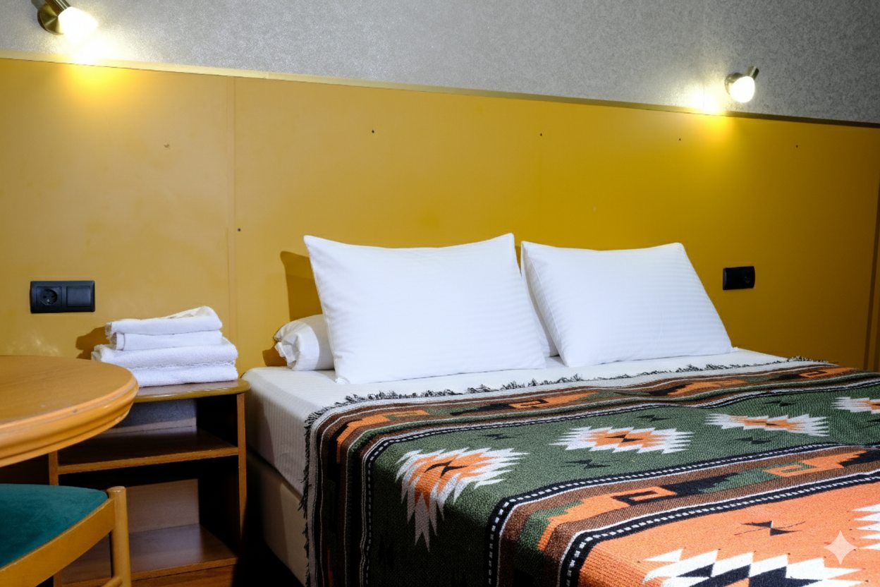 Просторная кровать и уютный уголок для завтрака.