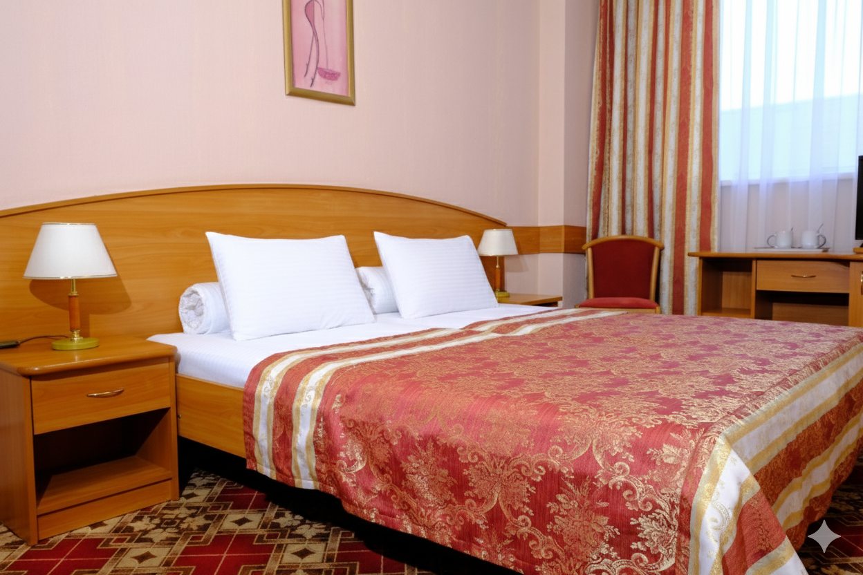 Вид на уютную спальню с ковролином и тумбой у кровати.