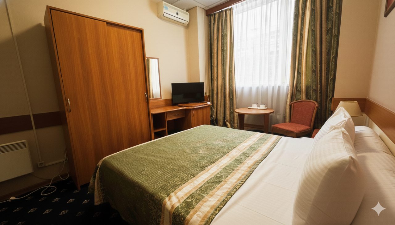 Уютный номер с большой кроватью и зеленым покрывалом.