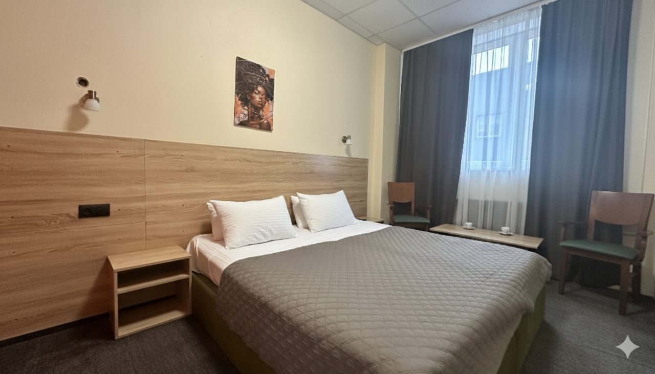 Современный гостиничный номер с большой кроватью.