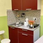 Мини-кухня имеет индукционную плиту и электрочайник. В общем пользовании в фойе имеется холодильник и микроволновка
