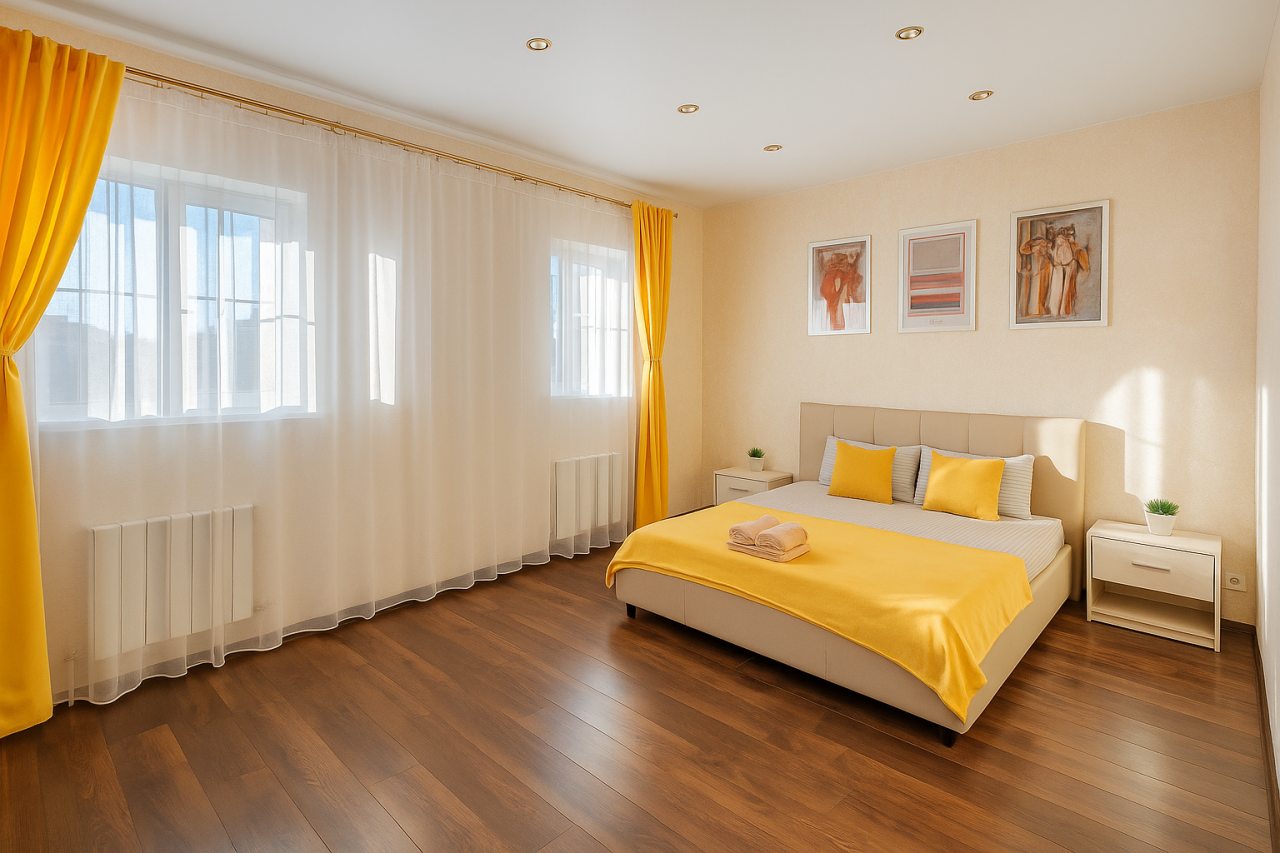 Уютный и светлый номер с большой кроватью в тихом центре