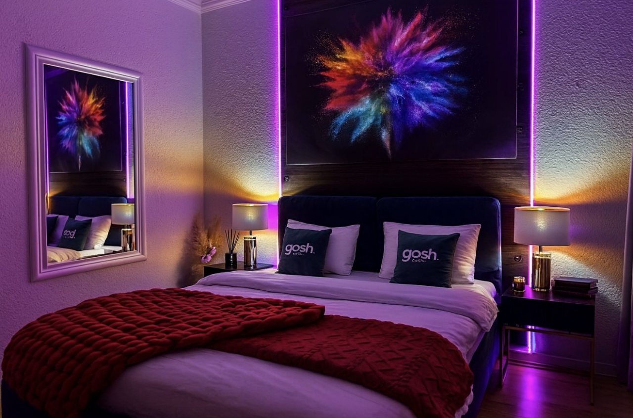 Удобная двуспальная кровать, зеркало, подсветка, свет