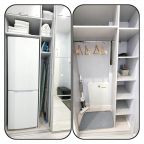 Холодильник в шкафу. Гладильная доска, утюг, сушилка.