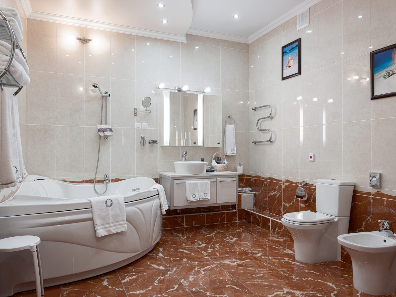 Косметические принадлежности, халат, тапочки, биде, джакузи.