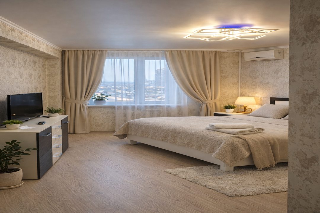 Уютная спальня с двуспальной кроватью и кондиционером