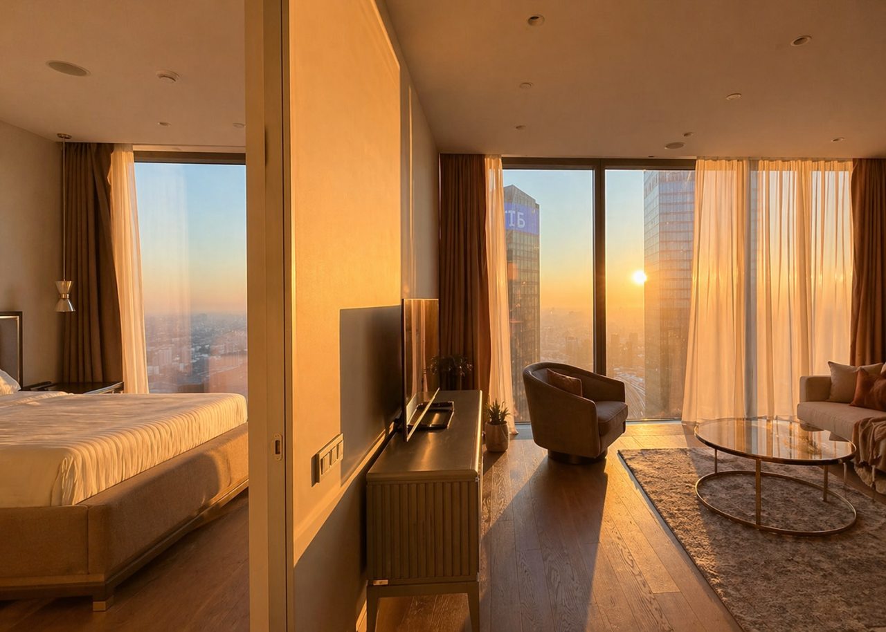 Трёхместный и более (Sky City Moscow 75 этаж! Шикарный вид на МГУ, Парк Победы, Лужники, башни и город! Дизайнерский!), Апартаменты Sky City Moscow