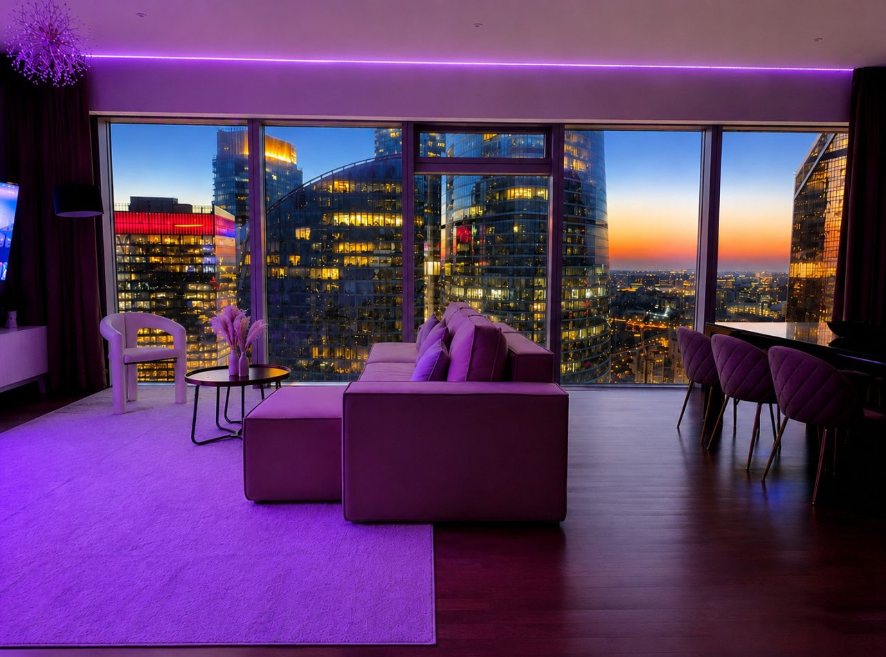 Апартаменты (Sky City Moscow Подсветка! 54 этаж! Алиса Макс! Большая гостиная с панорамой с шикарным видом!), Апартаменты Sky City Moscow