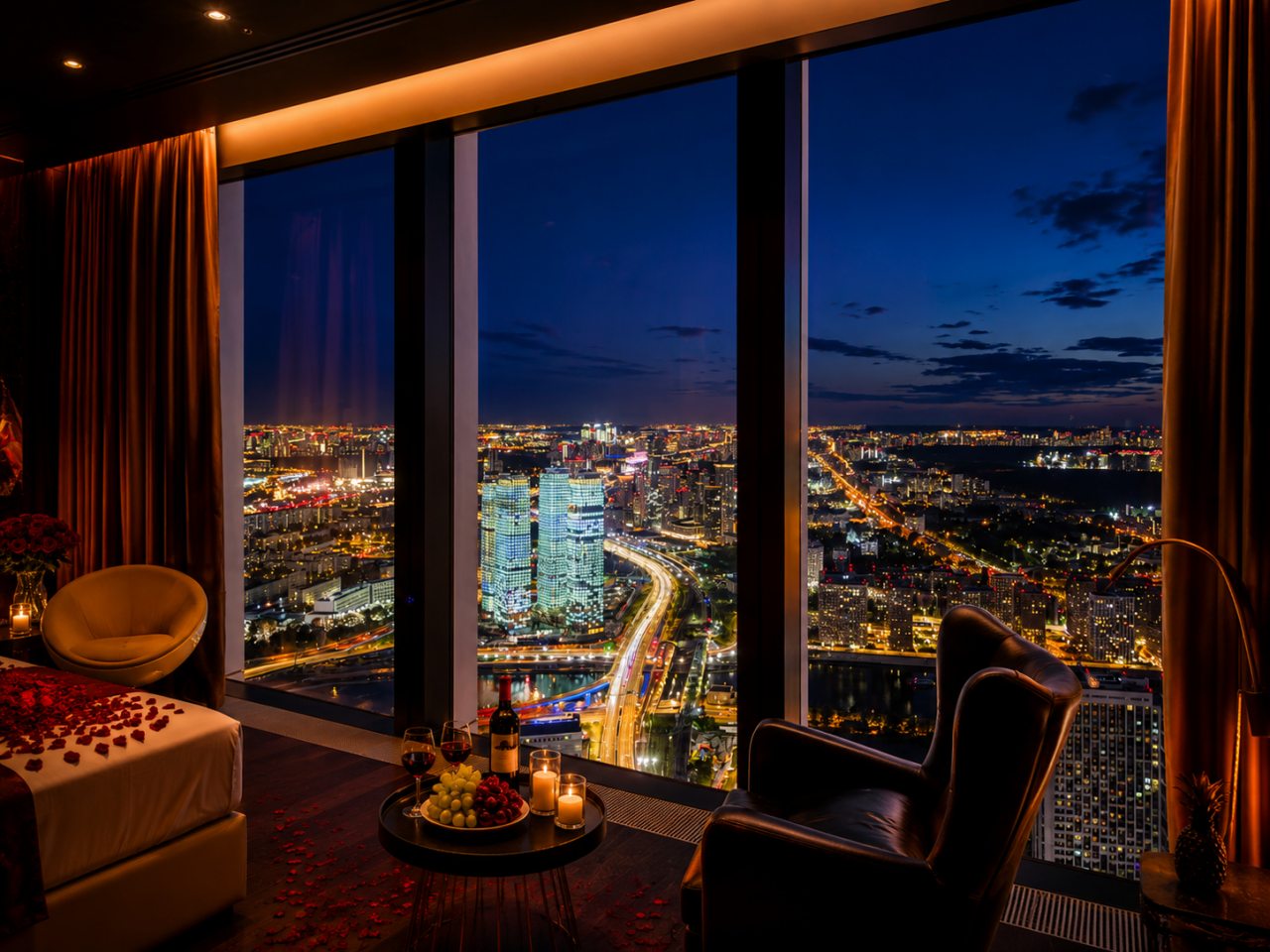 Апартаменты (Sky City Moscow Джакузи у окна на 55 этаже с подсветкой и музыкой! Закатная сторона! Редкий вид на Парк победы и город!), Апартаменты Sky City Moscow