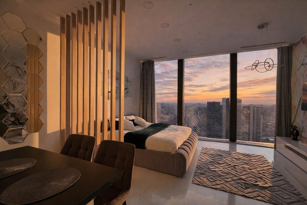 Двухместный (Sky City Moscow Уютная студия с подсветкой и Аэрохоккеем в Москва Сити! Закатная сторона!), Апартаменты Sky City Moscow