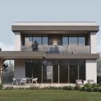 Двухэтажный дом в отдалении с видом на сад и горы.