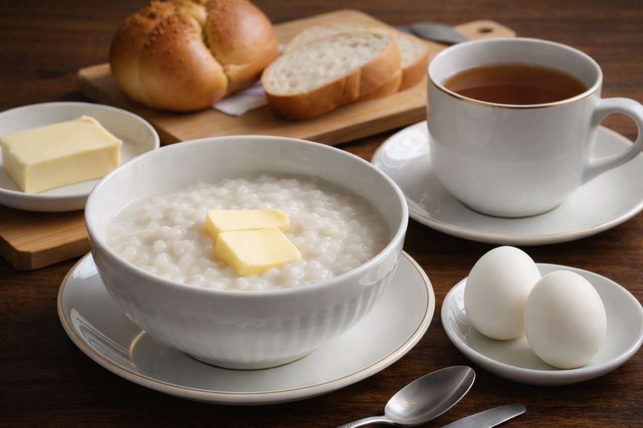 Классический завтрак:каша с маслом,отварное яйцо,йогурт,чай