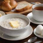 Классический завтрак:каша с маслом,отварное яйцо,йогурт,чай