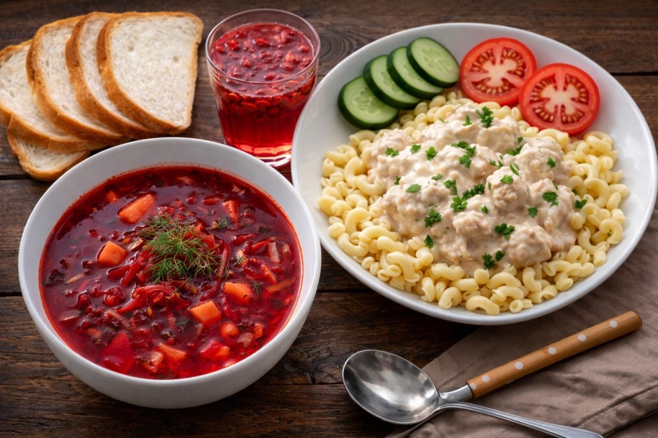 Обед:борщ со сметаной,макароны,сливочная курица,овощи и т.д