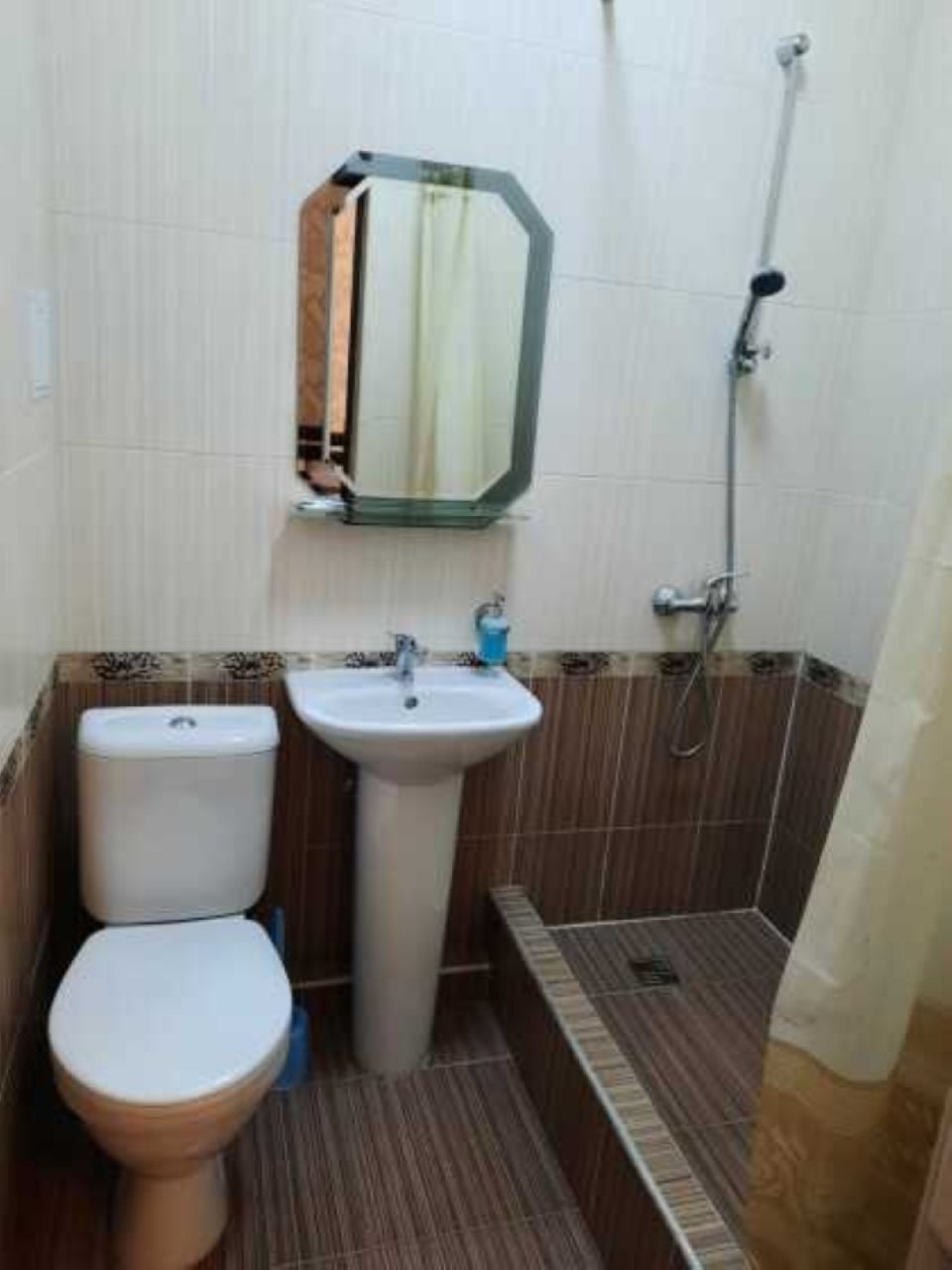 Собственный санузел с душем, раковиной и туалетом