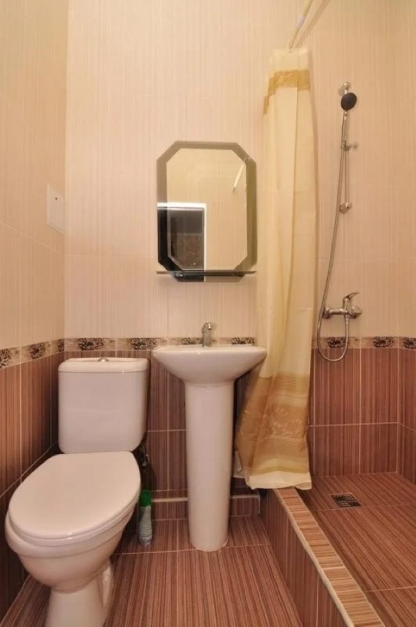 Санузел с душем, раковиной, зеркалом и туалетом