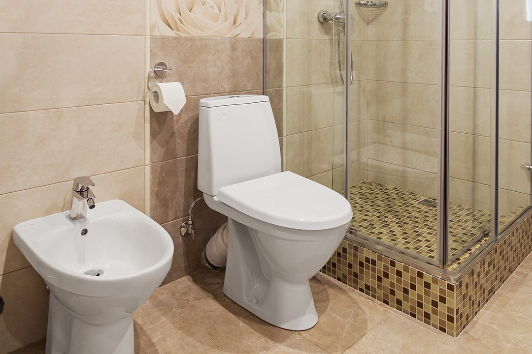 Современная ванная , душевая кабина, бедэ.